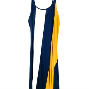 Navy Blue, White & Mustard Color Block Maxi Dress